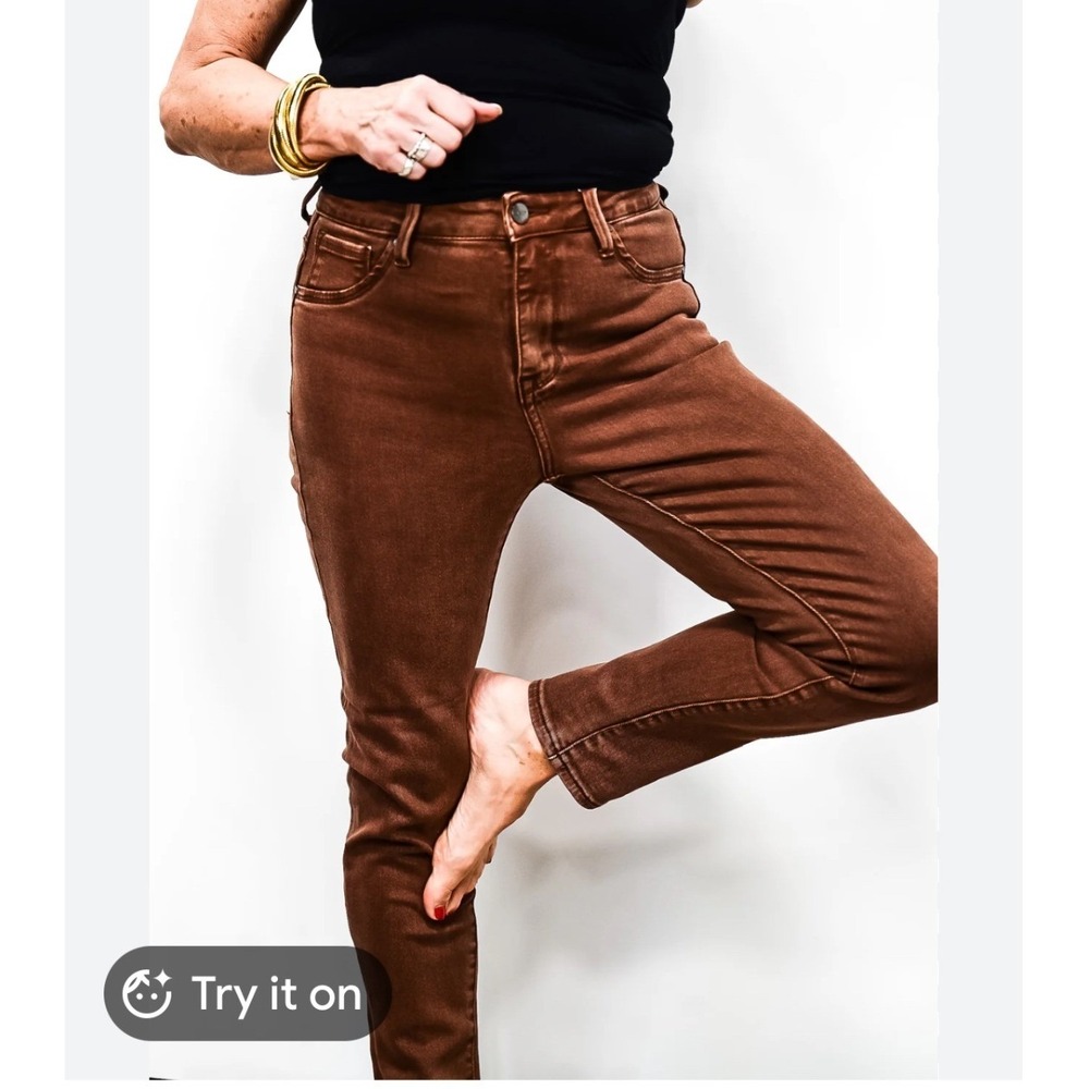 Risen Jeans Womens High Rise Straight Jeans Rust Brown Stretch Denim Size 26